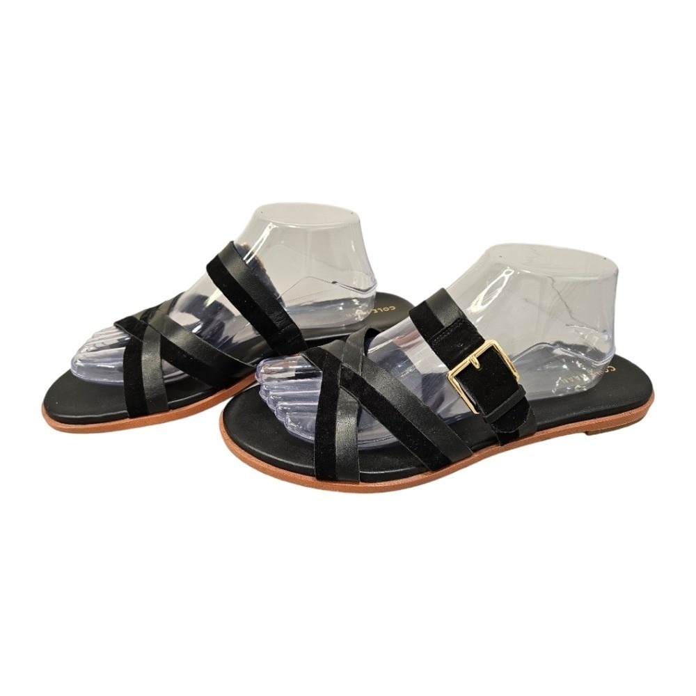 Cole Haan Womens Black Leather Suede Sandals 10.5 Strappy Buckle Flat Casual - Picture 2 of 8